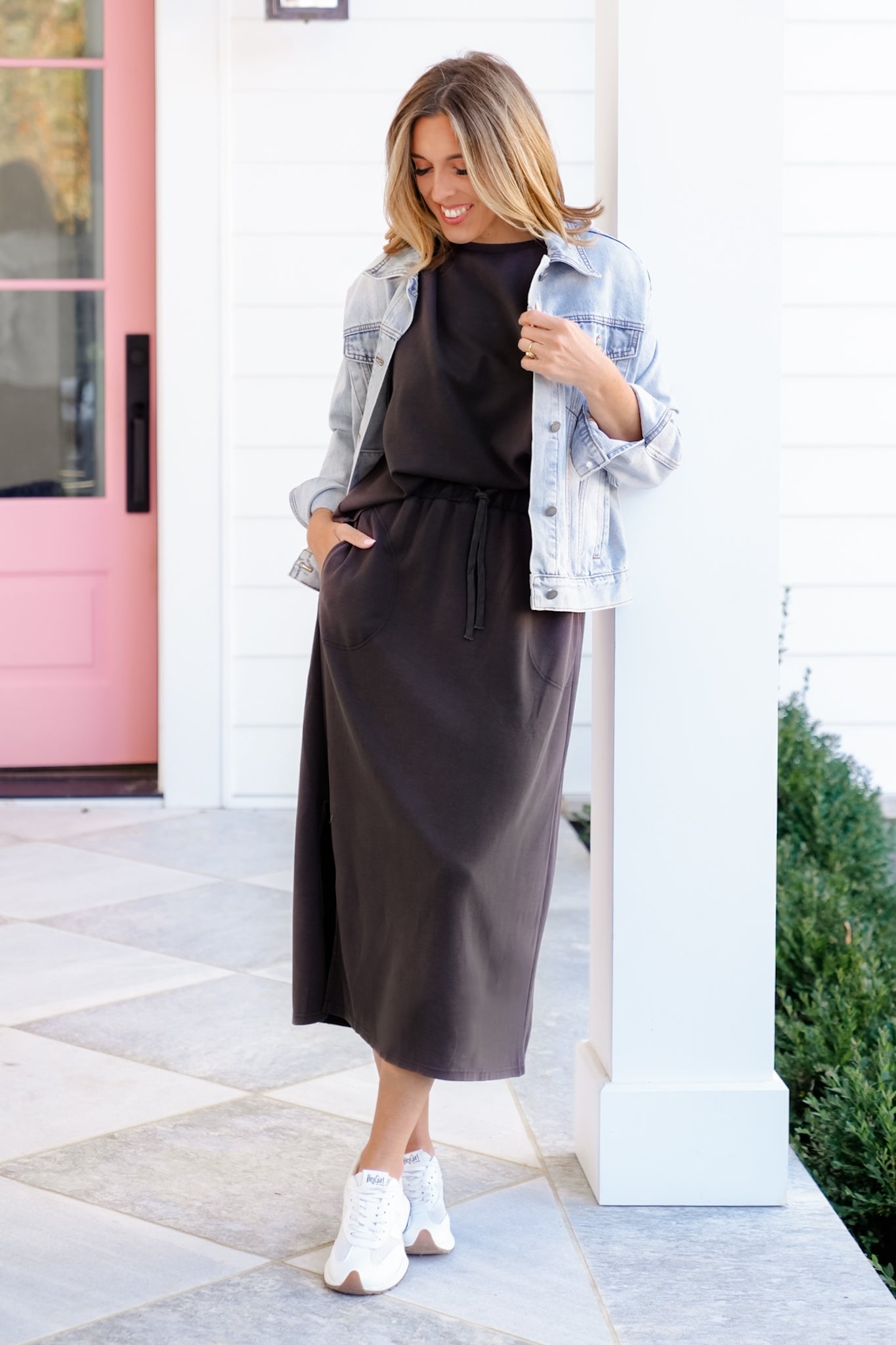 Plus/Reg Solid Short Sleeve Top With Elastic Waist Midi Skirt Set