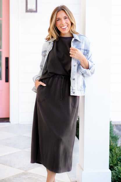 Plus/Reg Solid Short Sleeve Top With Elastic Waist Midi Skirt Set