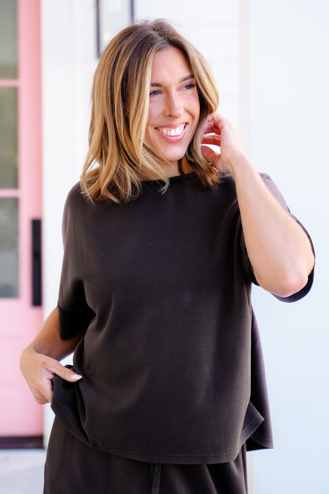 Plus/Reg Solid Short Sleeve Top With Elastic Waist Midi Skirt Set