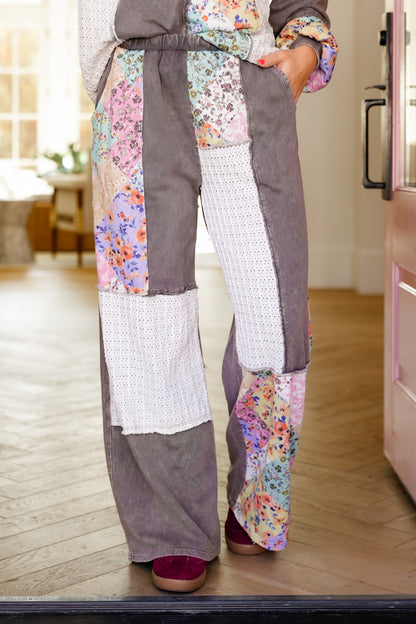 Color Block Floral Elastic Waist Wide Leg Knit Pants with Side Pockets