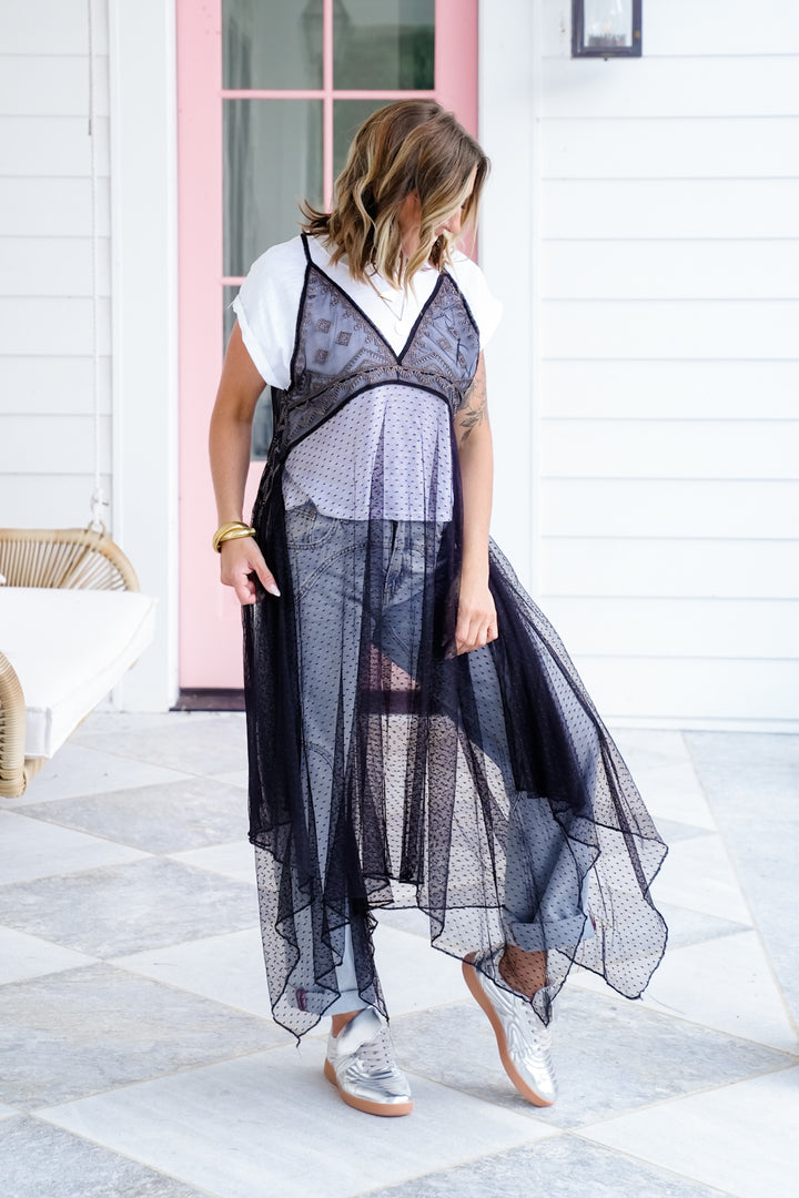 Short Sleeve Layered Sheer Embroidered Maxi Top