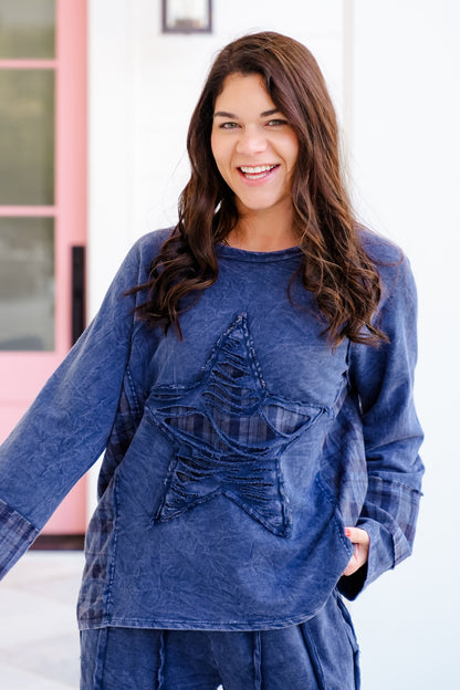 Mineral Washed Long Sleeve Top with Star Patch