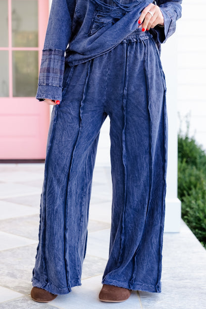 Elastic Waist Wide Leg Pants with Raw Hem
