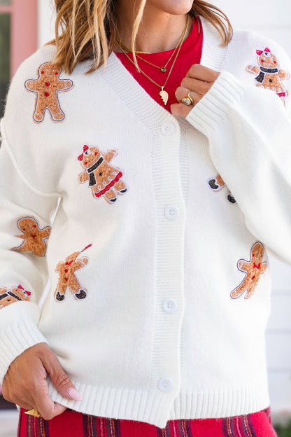 Long Sleeve Gingerbread Man Patch Button Down Cardigan
