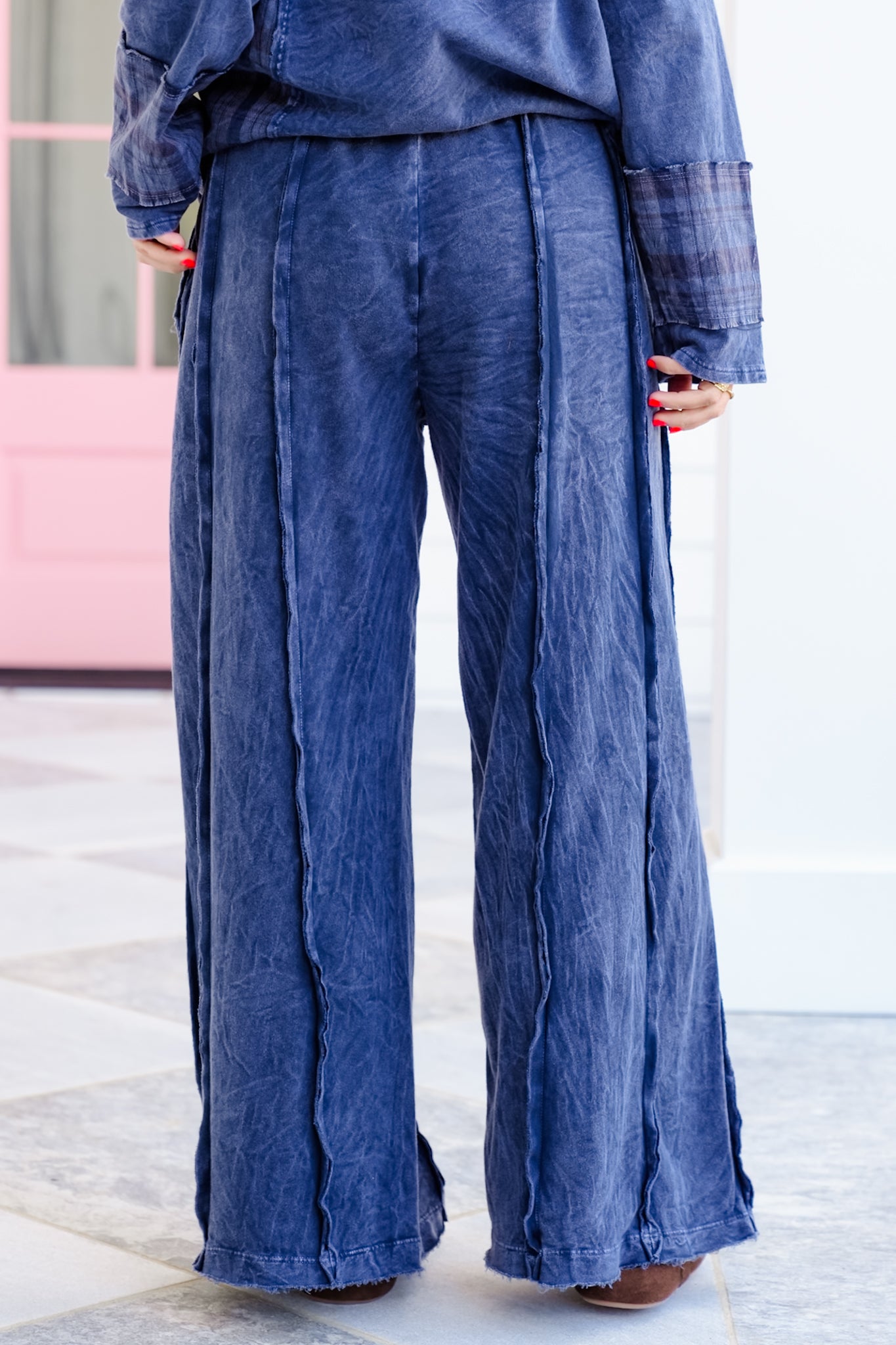 Elastic Waist Wide Leg Pants with Raw Hem
