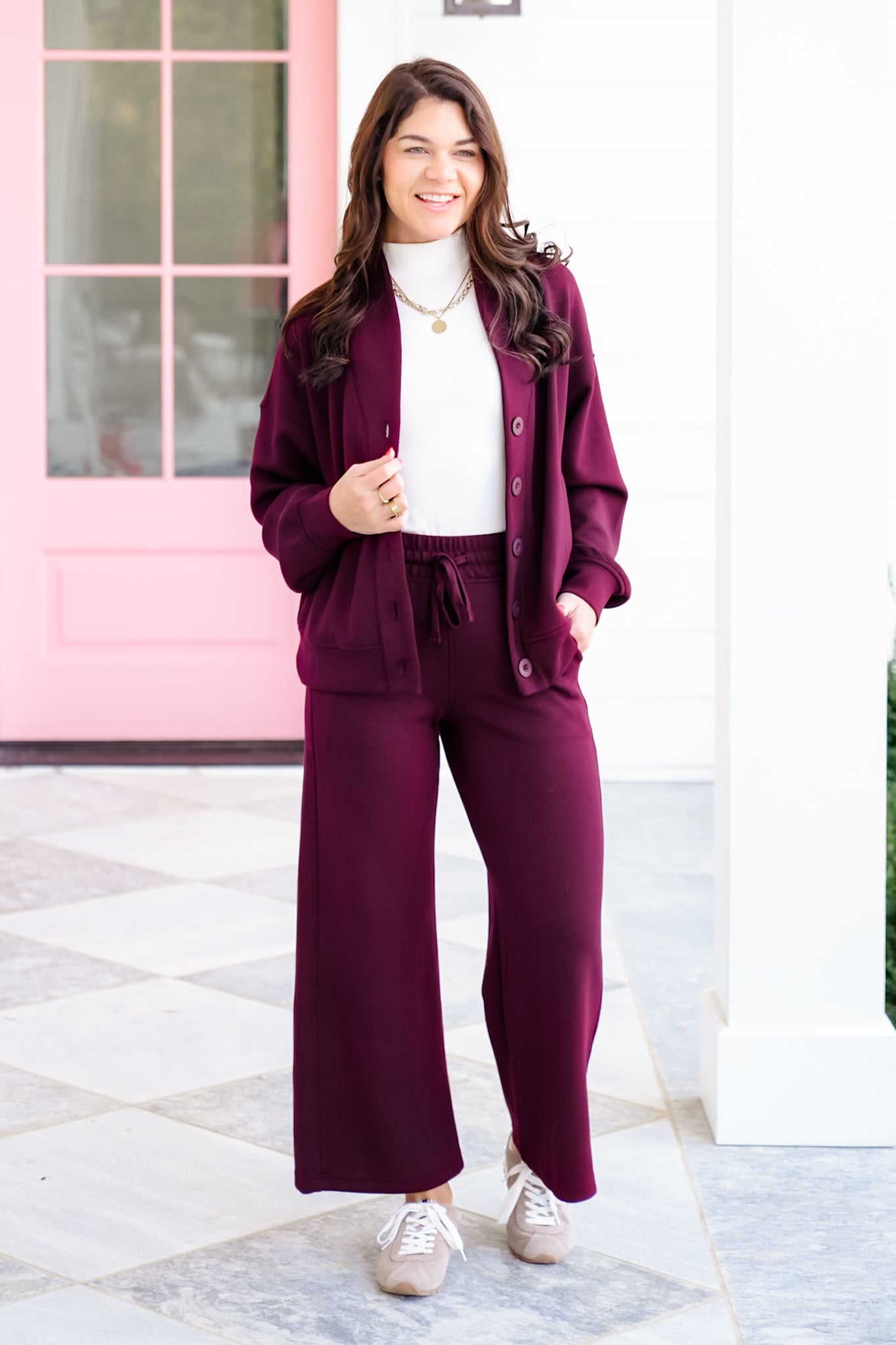 Solid Long Sleeve Scuba Knit Button Up Cardigan