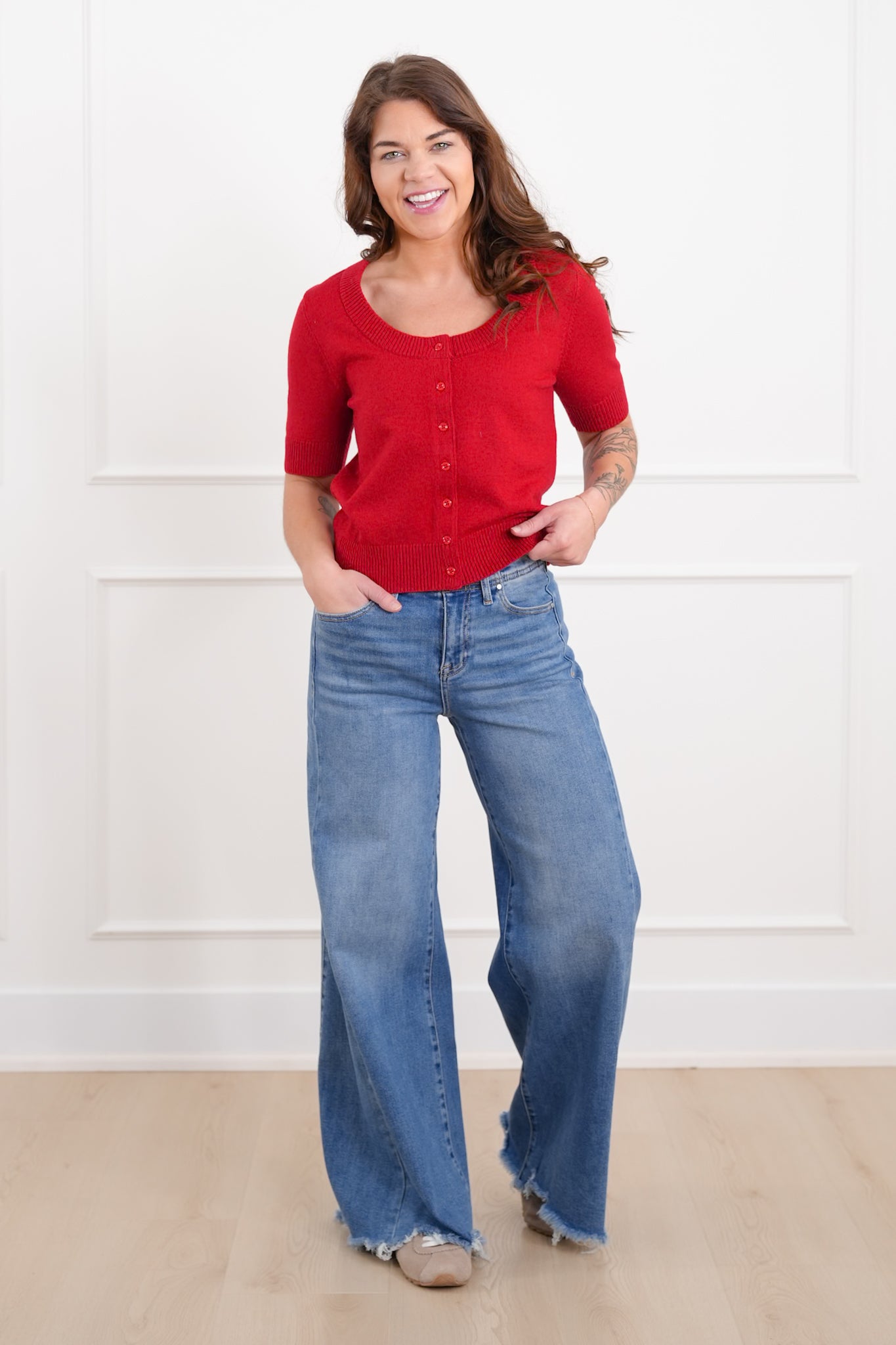 Plus/Reg Red Short Sleeve Button Up Knit Sweater