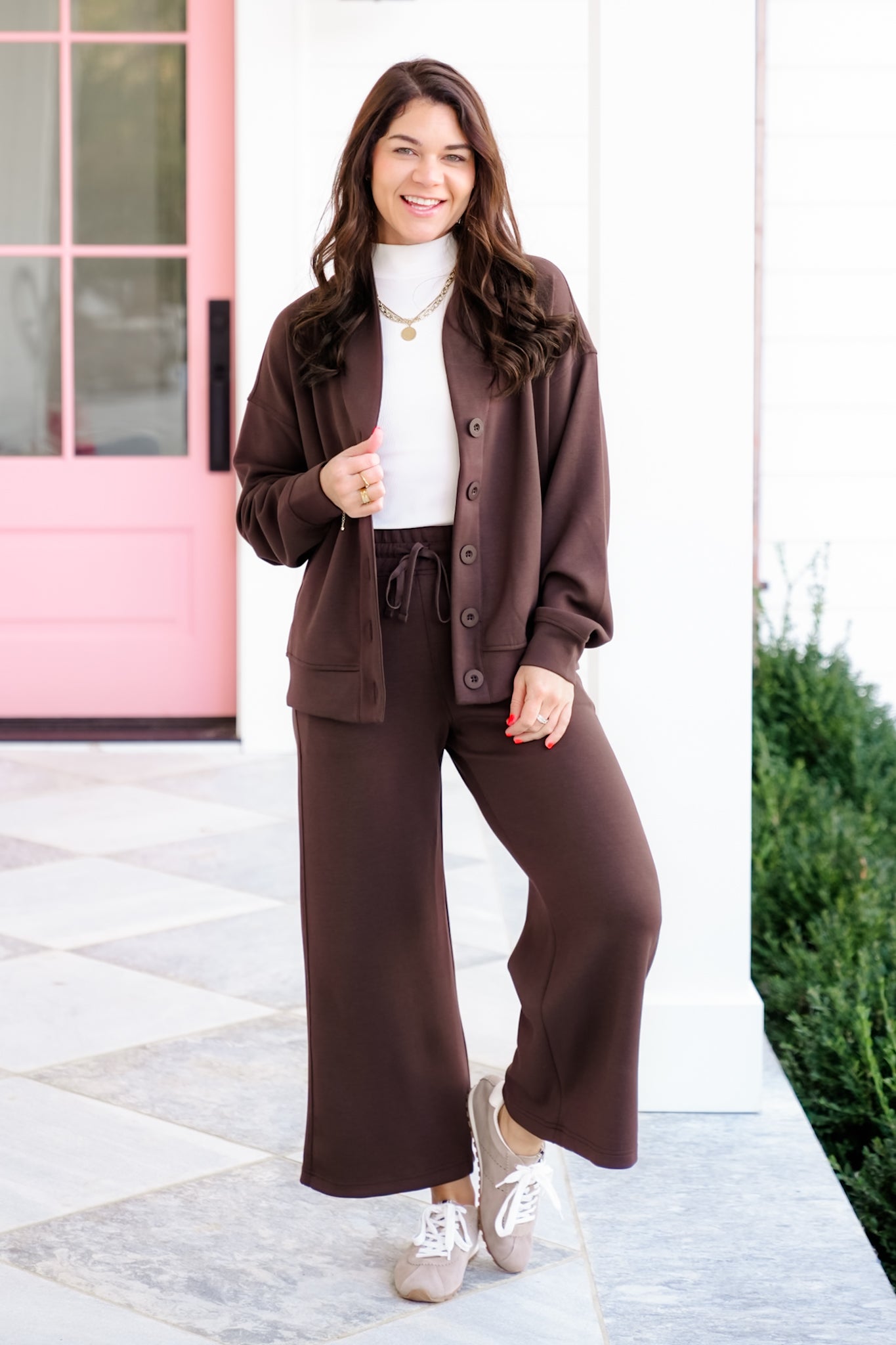 Solid Long Sleeve Scuba Knit Button Up Cardigan