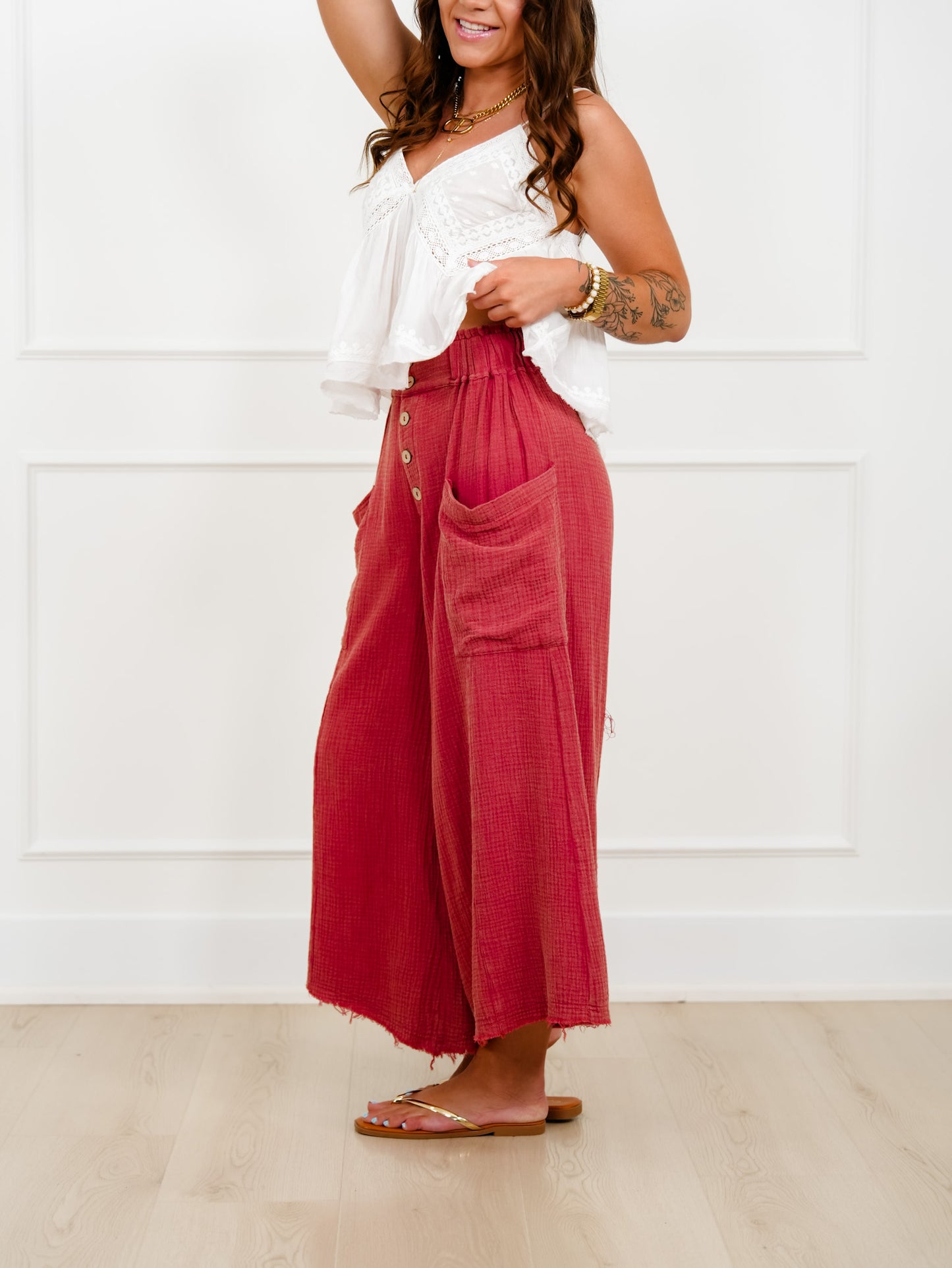 Plus/Reg Gauze Elastic Waist Button Fly Wide Leg Pants