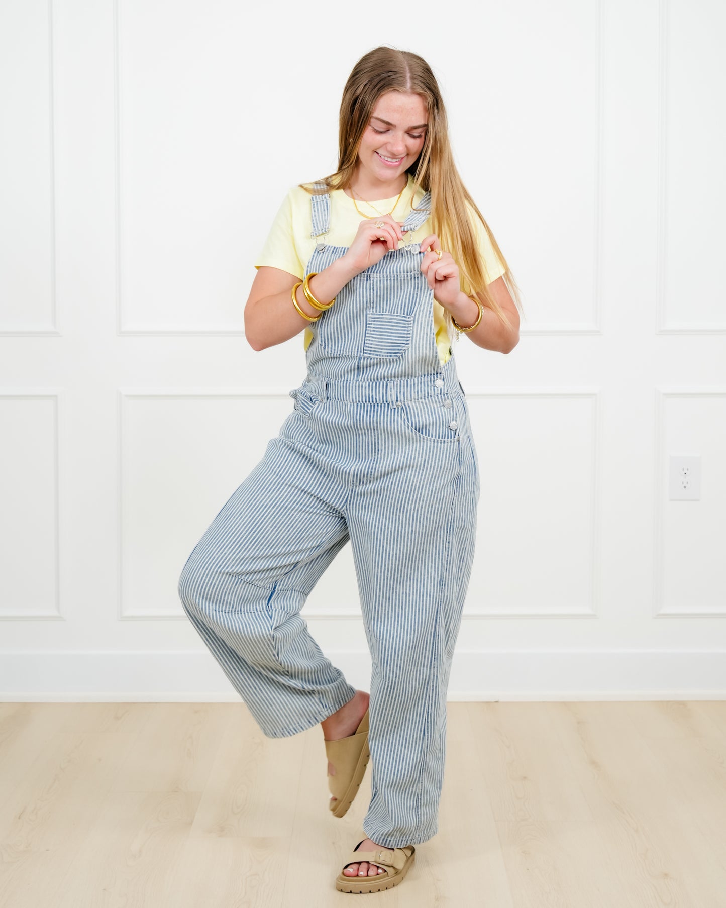 Plus/Reg Stripe Pattern Barrel Leg Overalls