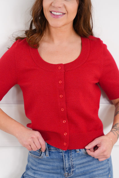 Plus/Reg Red Short Sleeve Button Up Knit Sweater