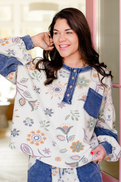 Plus/Reg Floral Print Long Sleeve Button Up Top