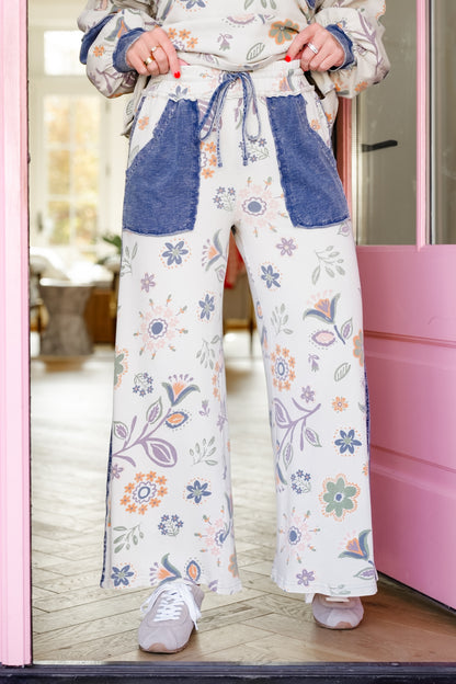 Plus/Reg Floral Print Elastic Waist Wide Leg Knit Pants