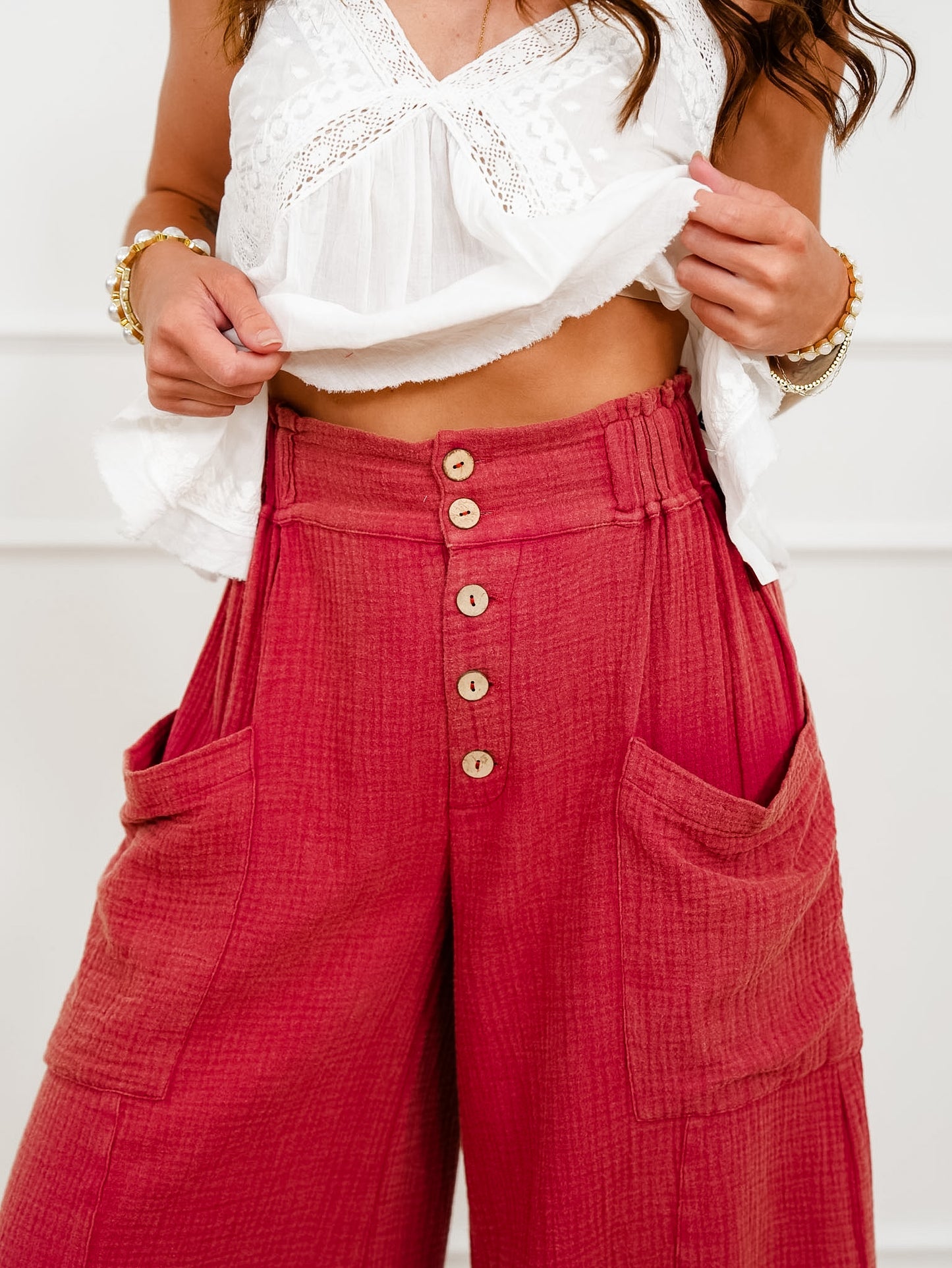 Plus/Reg Gauze Elastic Waist Button Fly Wide Leg Pants