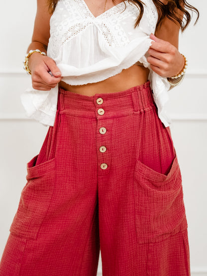 Plus/Reg Gauze Elastic Waist Button Fly Wide Leg Pants
