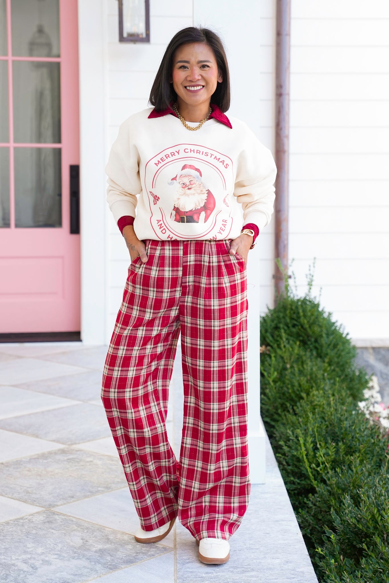 Red Plaid Wide Leg Pants with Side Pockets
