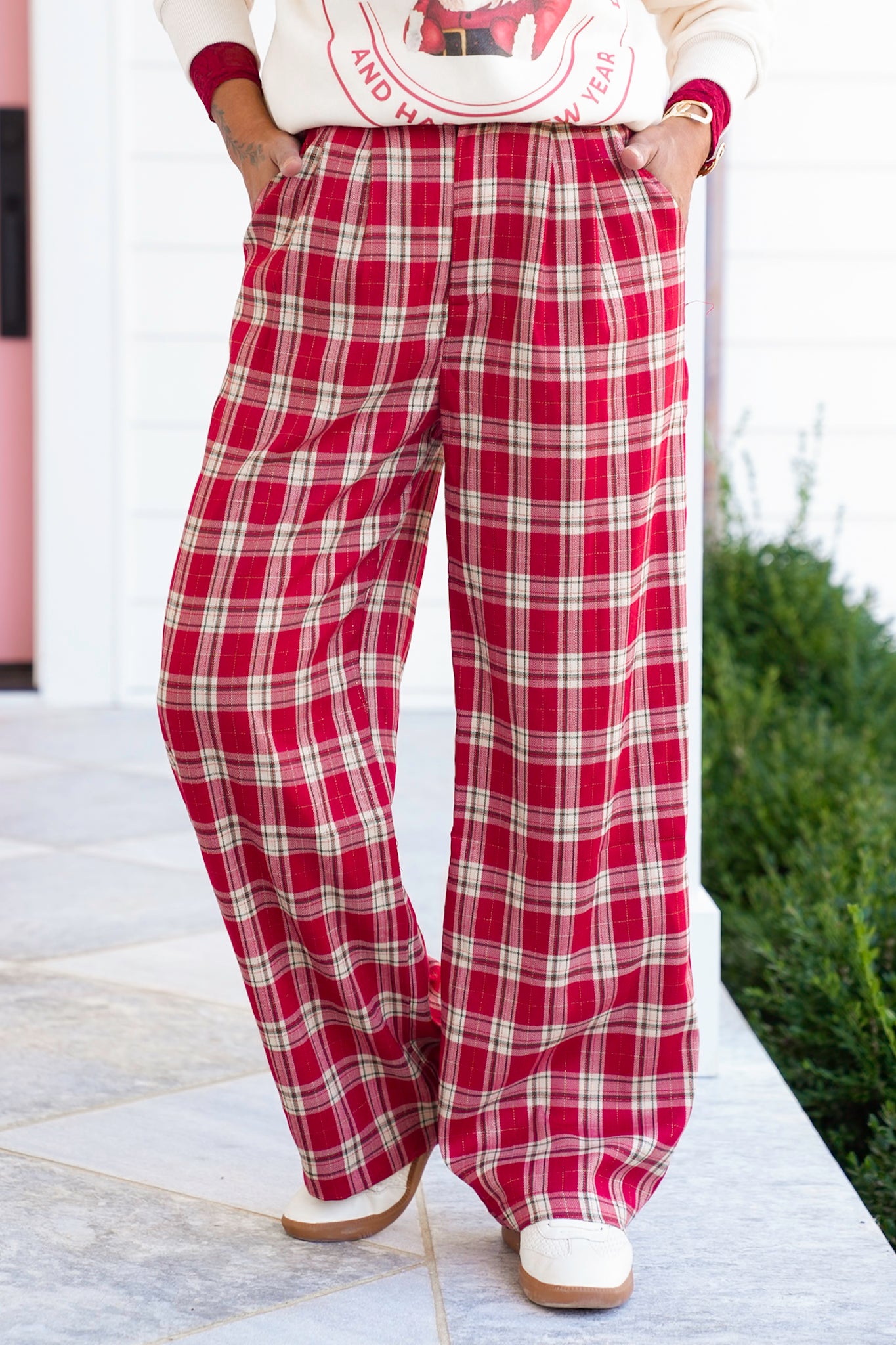 Red Plaid Wide Leg Pants with Side Pockets