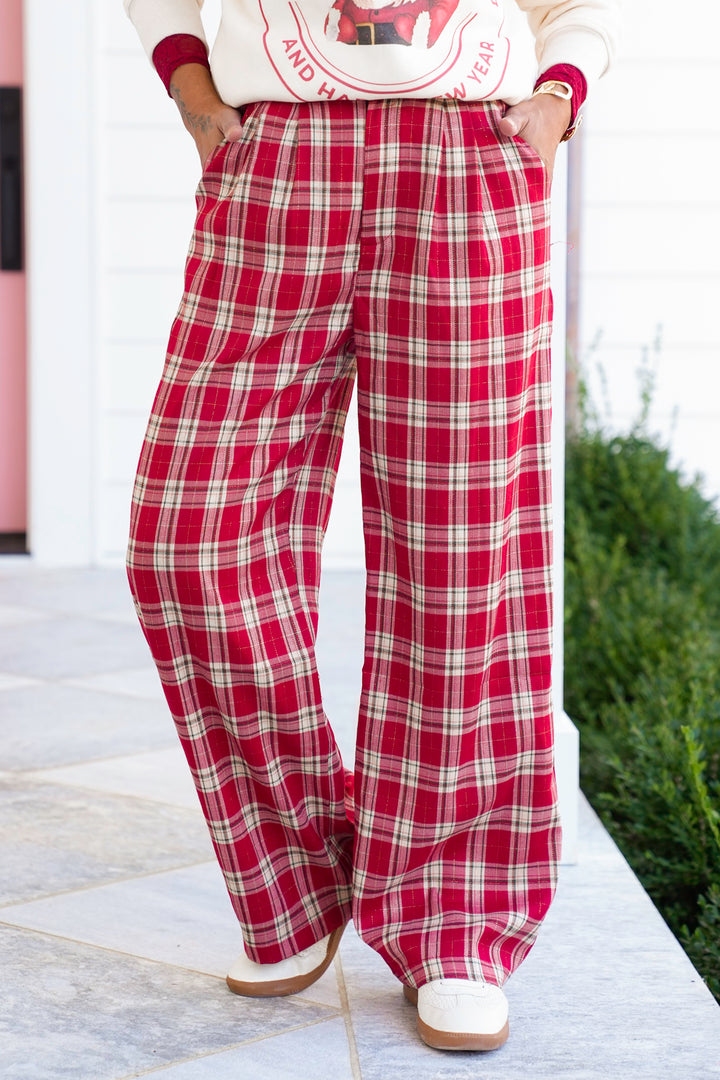 Red Plaid Wide Leg Pants with Side Pockets