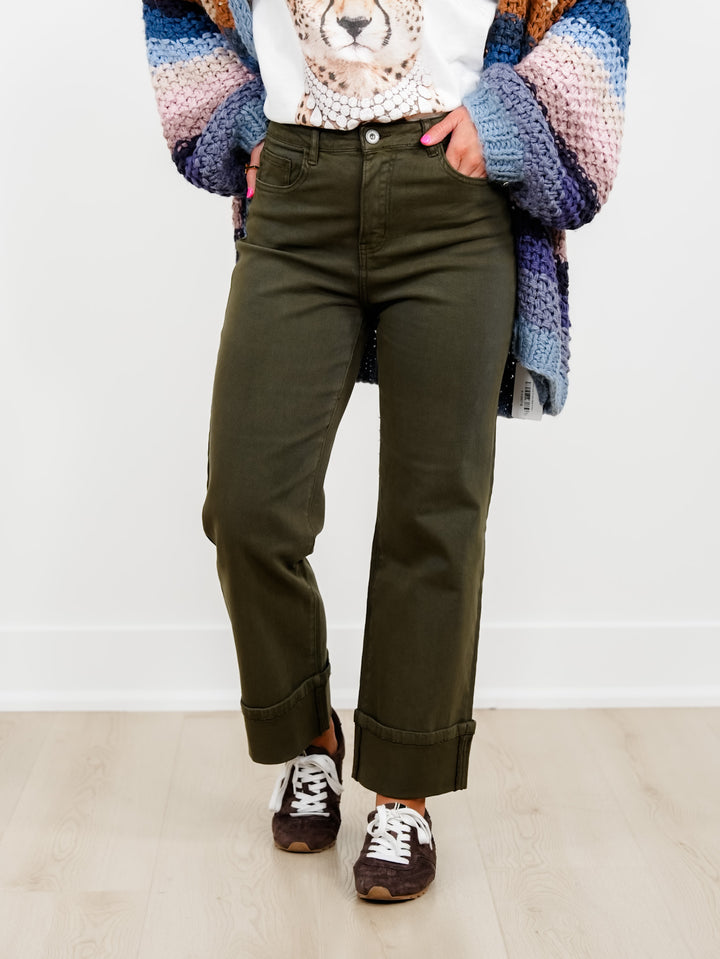 Dark Green Straight Leg Pants with Cropped Hem
