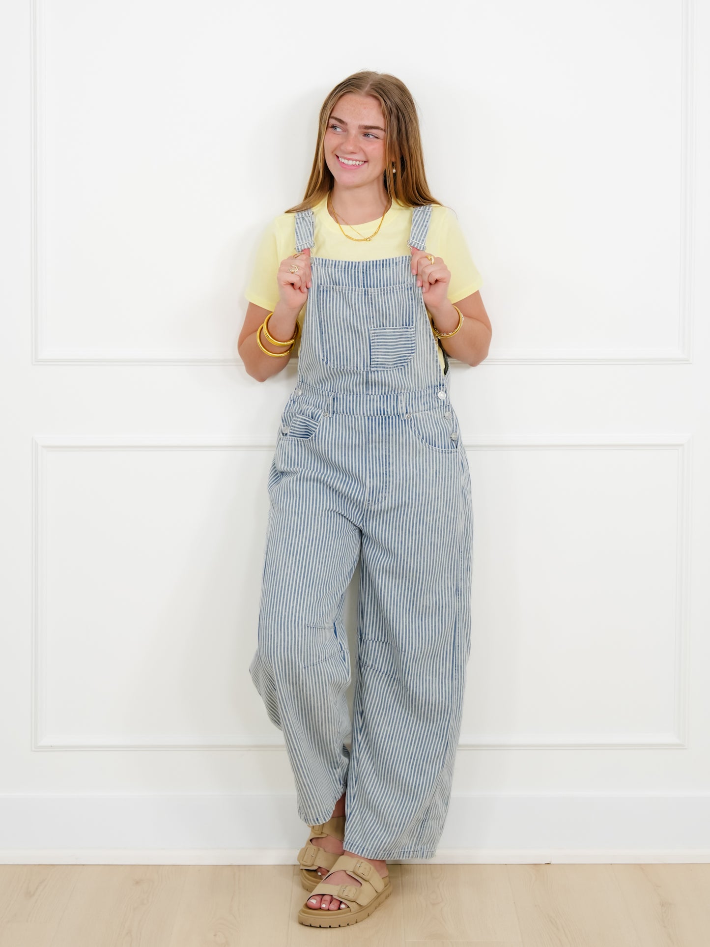 Plus/Reg Stripe Pattern Barrel Leg Overalls
