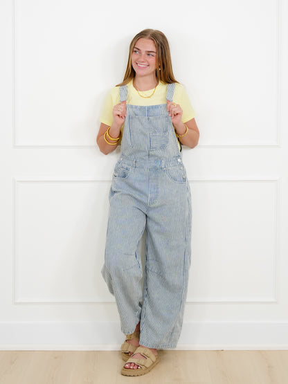 Plus/Reg Stripe Pattern Barrel Leg Overalls