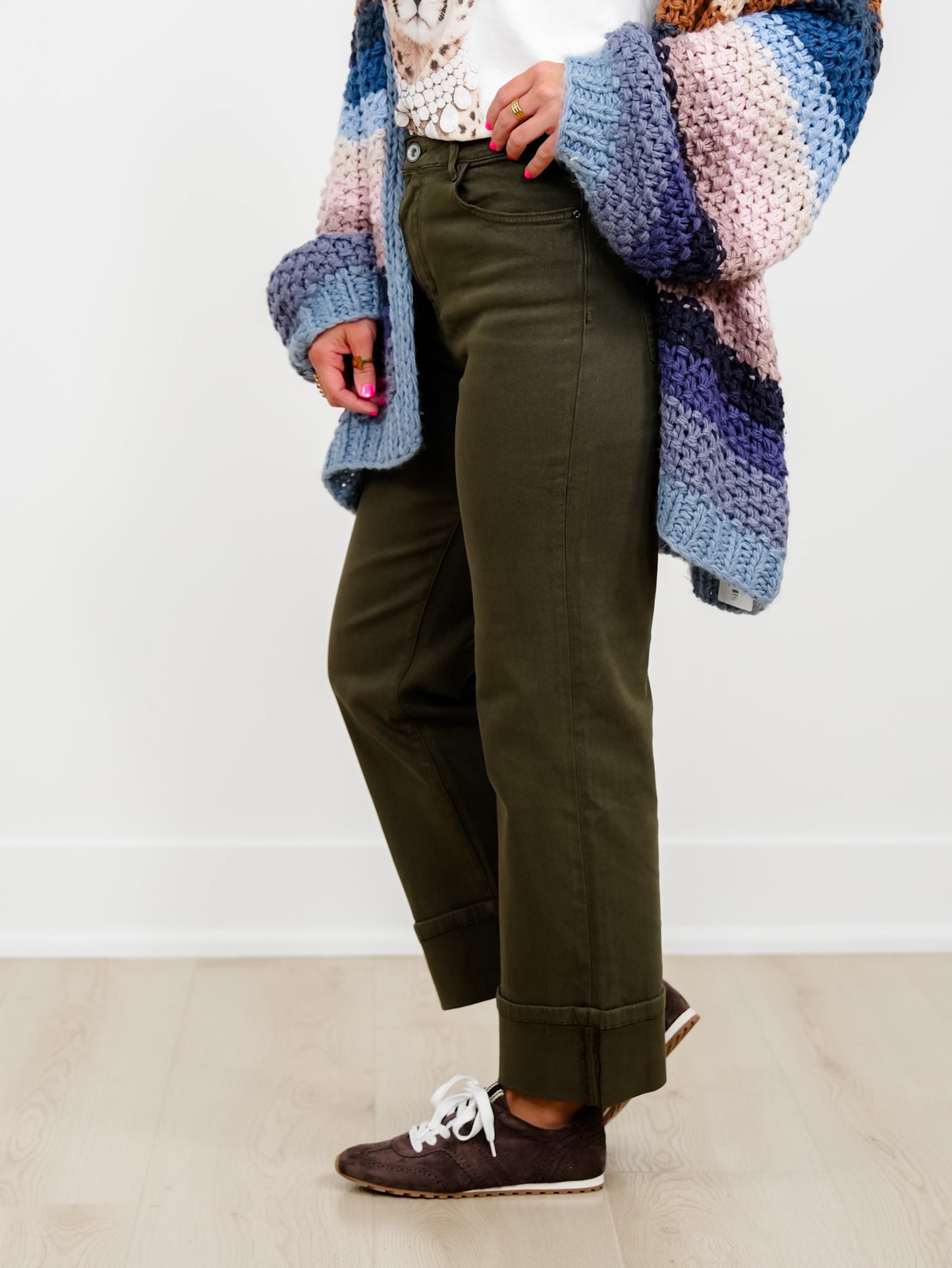 Dark Green Straight Leg Pants With Cropped Hem
