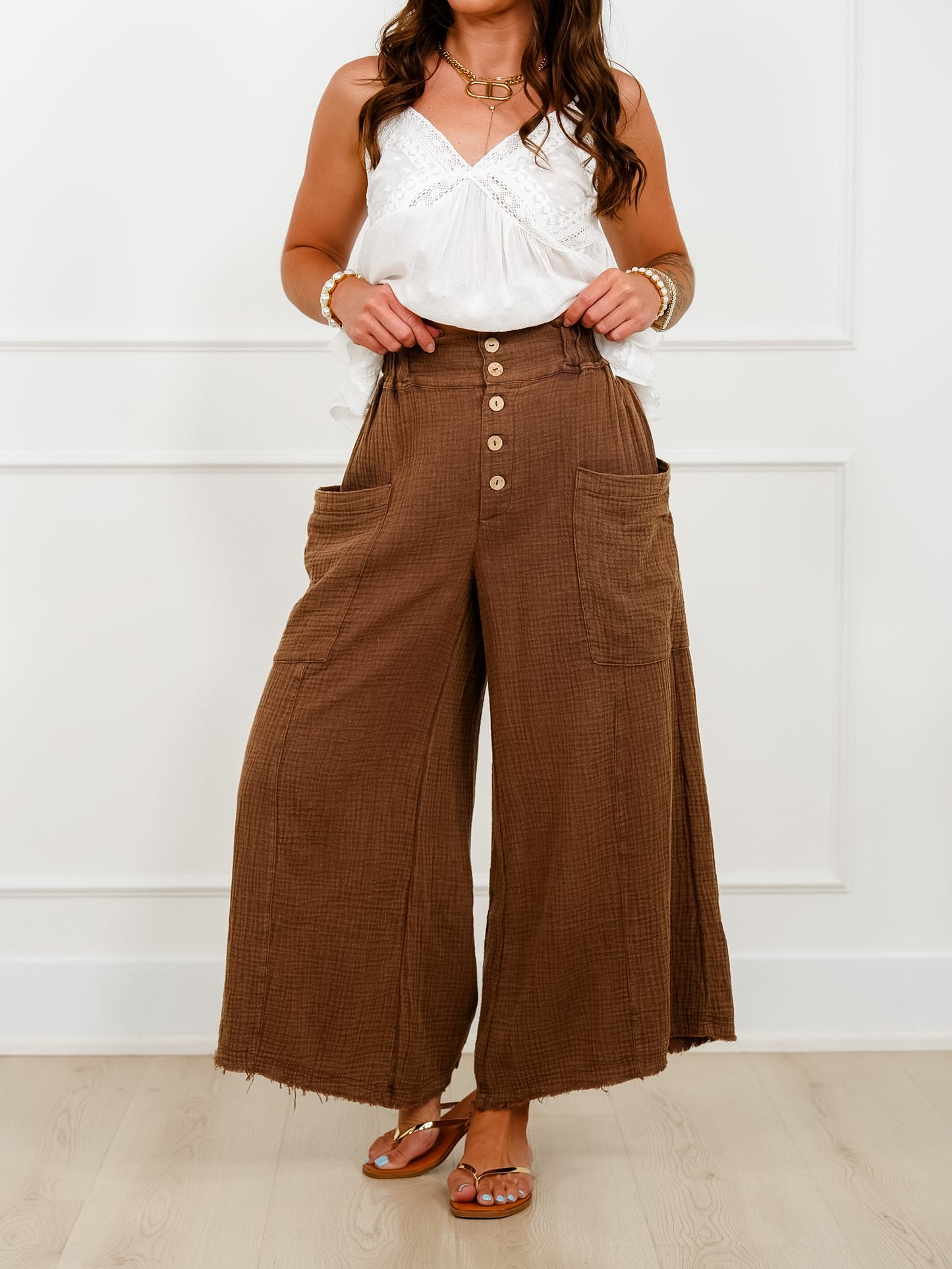 Plus/Reg Gauze Elastic Waist Button Fly Wide Leg Pants