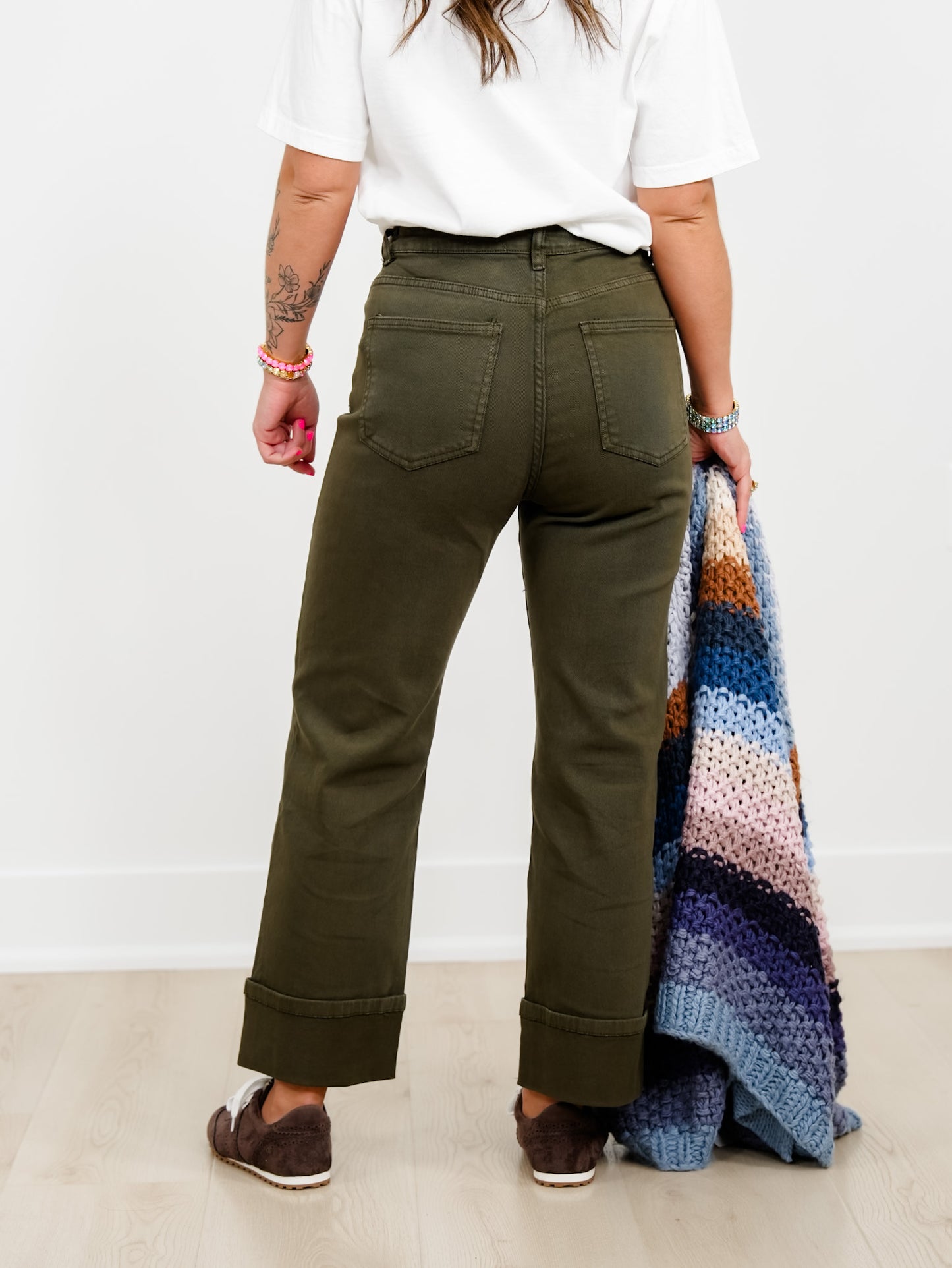 Dark Green Straight Leg Pants With Cropped Hem