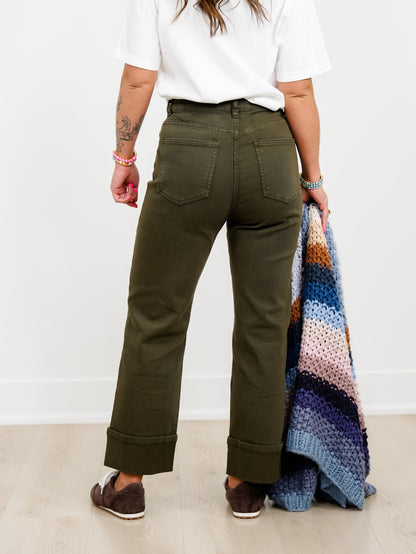 Dark Green Straight Leg Pants With Cropped Hem