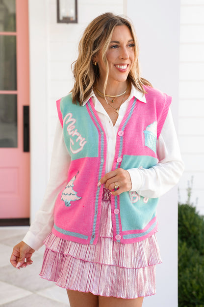 Plus/Reg Glitter "Merry & Bright" Button Down Sweater Vest
