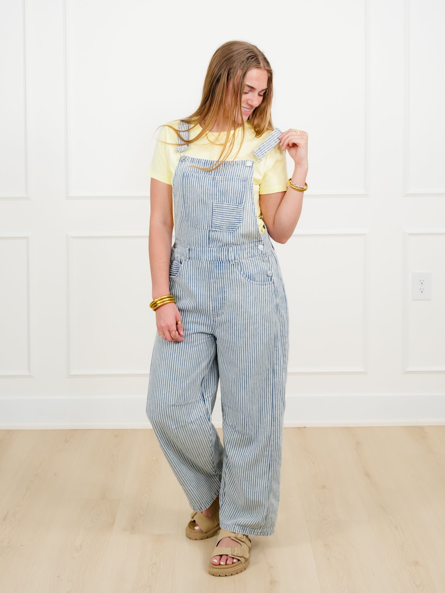 Plus/Reg Stripe Pattern Barrel Leg Overalls