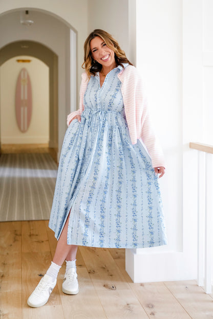 Striped Floral Short Sleeve Button Down Midi Dress