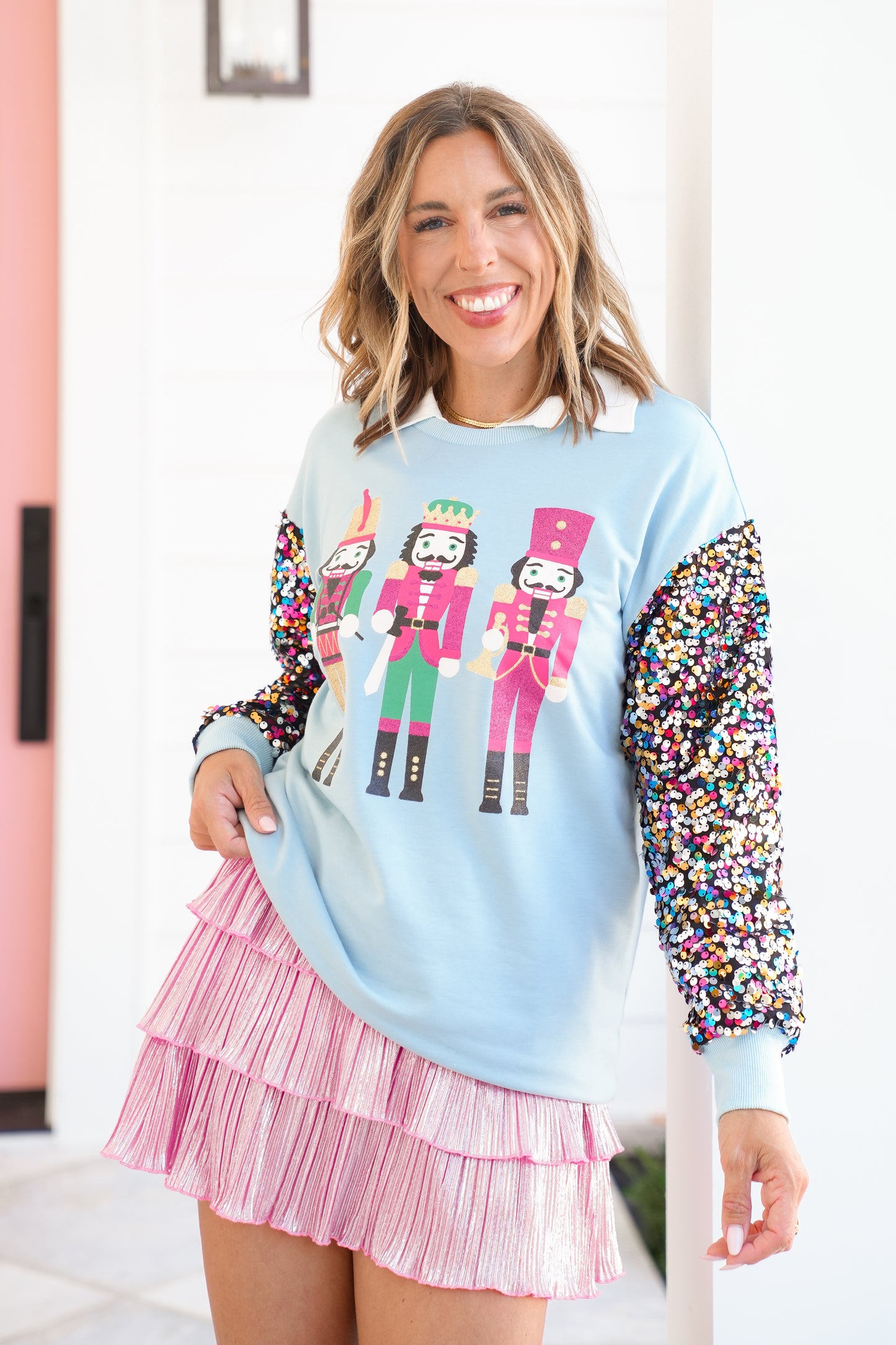 Plus/Reg Long Sequin Sleeve Nutcracker Sweatshirt