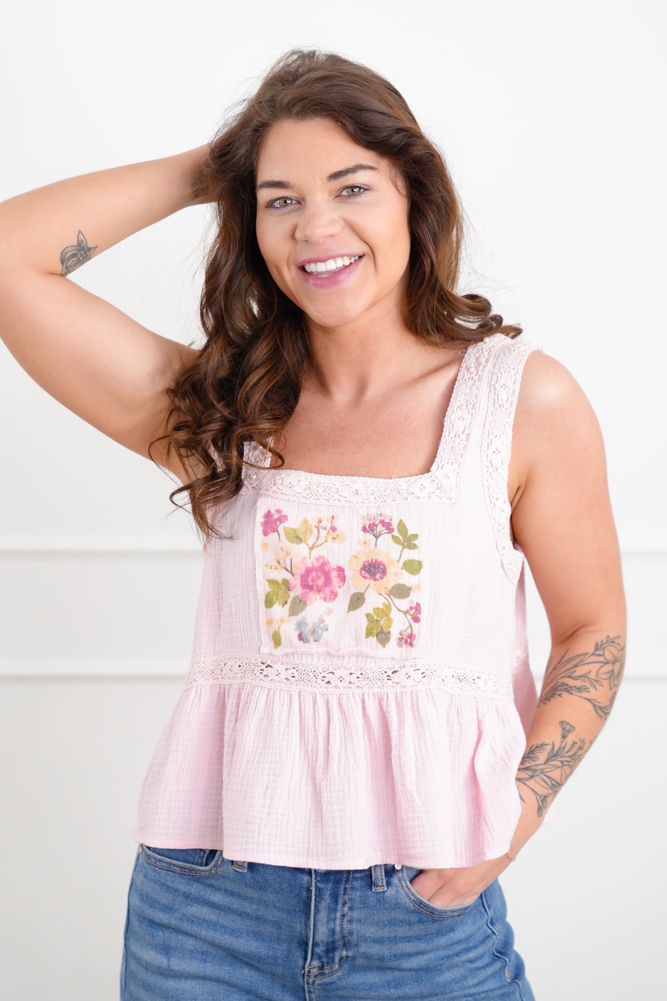 POL Gauze Sleeveless Square Neck Top with Floral Patch