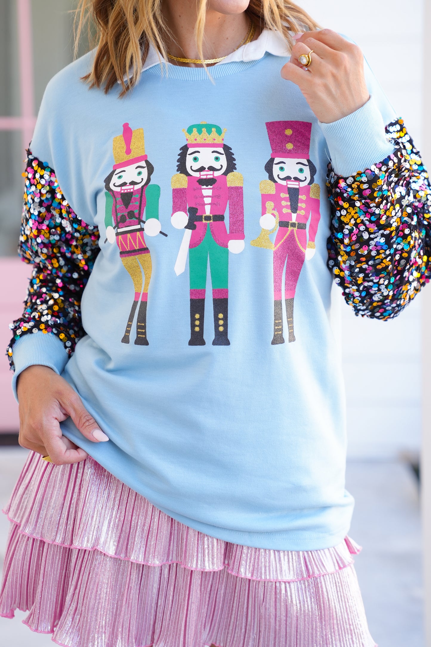 Plus/Reg Long Sequin Sleeve Nutcracker Sweatshirt