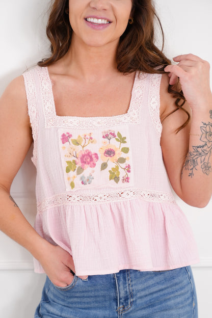POL Gauze Sleeveless Square Neck Top with Floral Patch