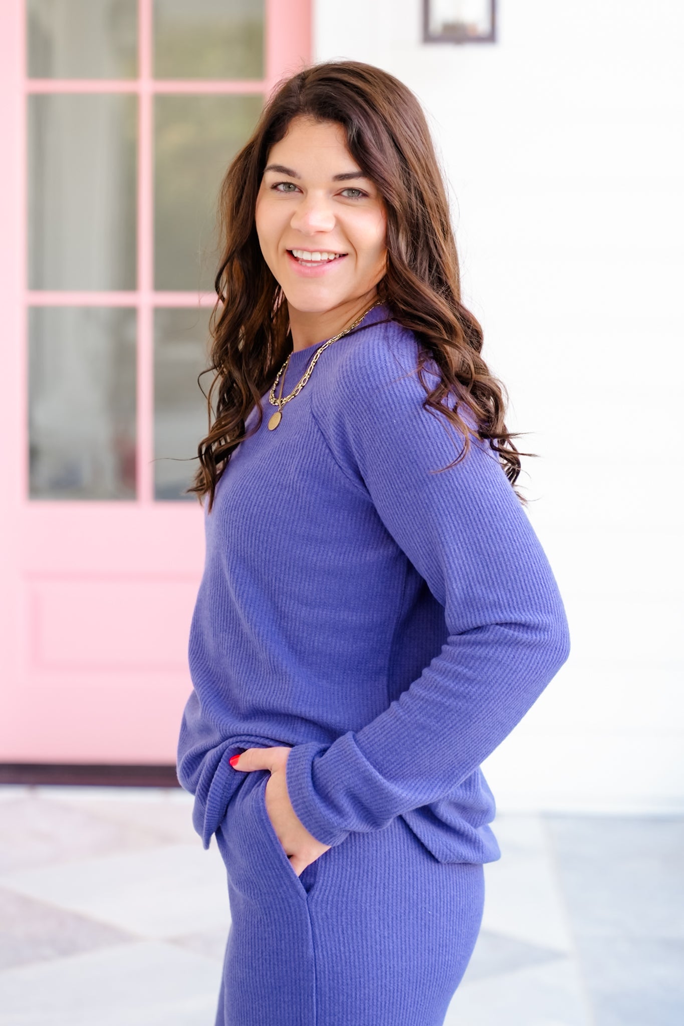 Brushed Waffle Knit Long Sleeve Top