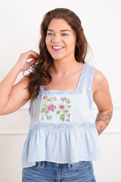 POL Gauze Sleeveless Square Neck Top with Floral Patch