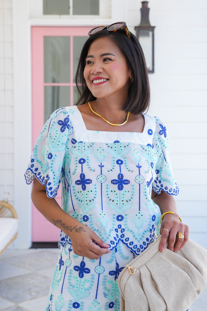 Embroidered Short Sleeve Top with Back Tie Detail