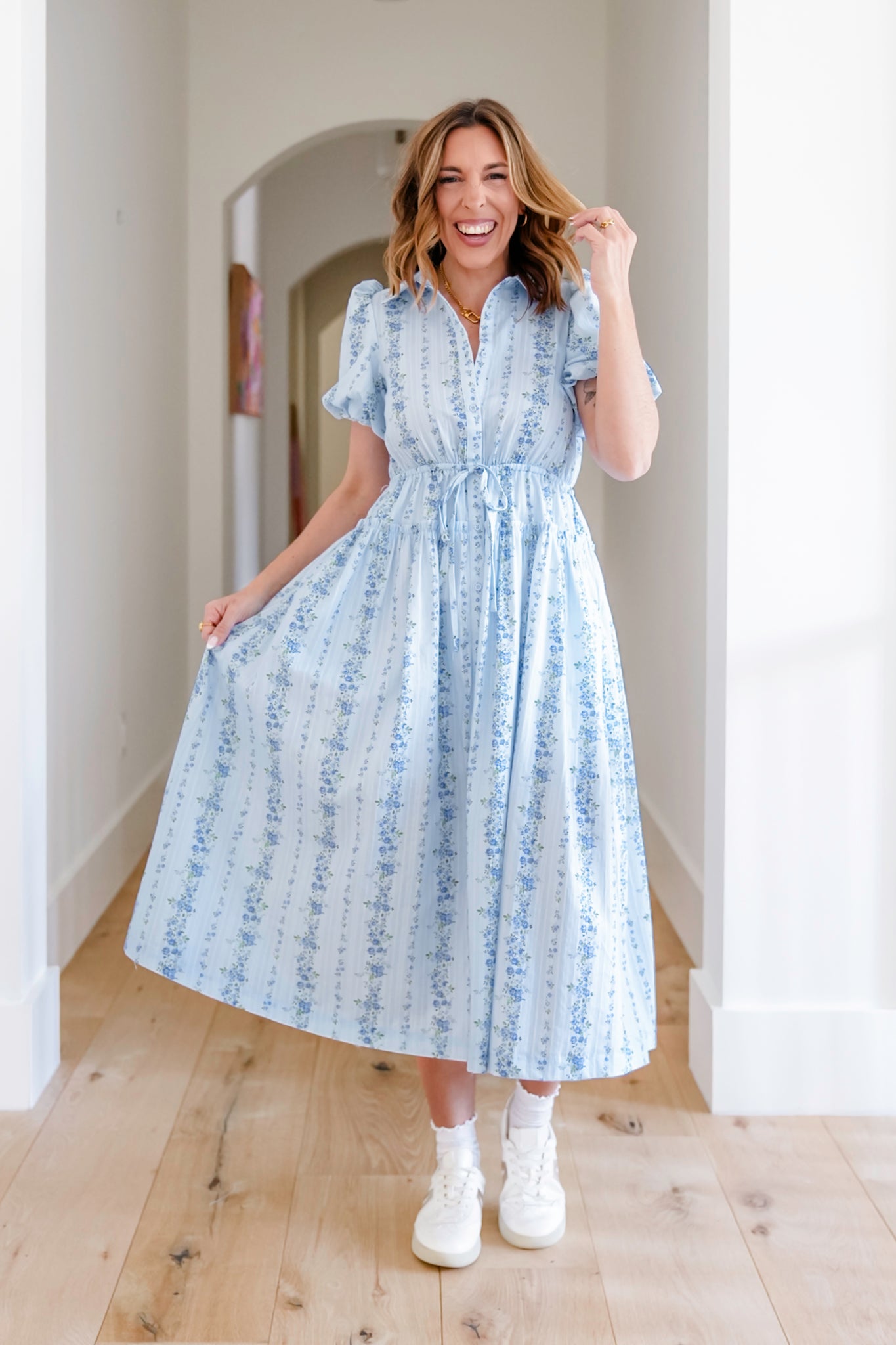 Striped Floral Short Sleeve Button Down Midi Dress S