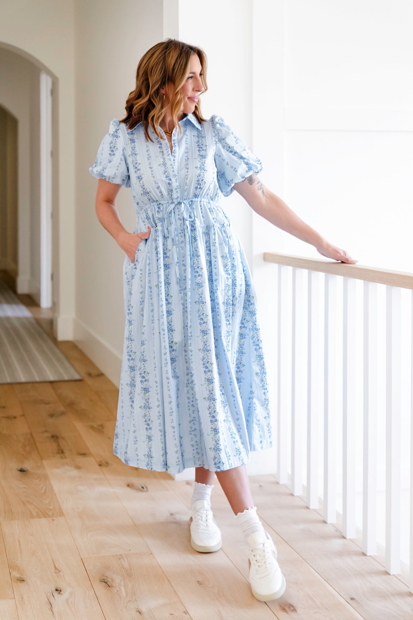 Striped Floral Short Sleeve Button Down Midi Dress S