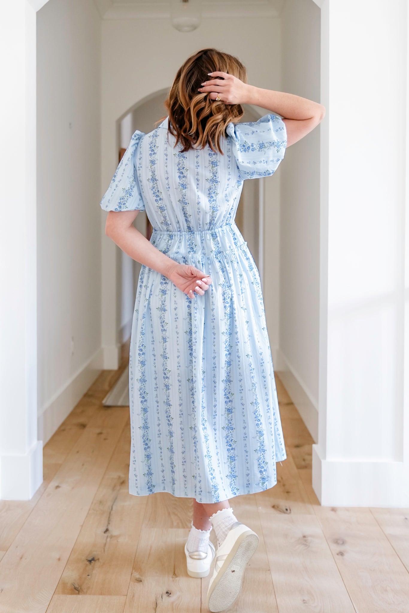 Striped Floral Short Sleeve Button Down Midi Dress