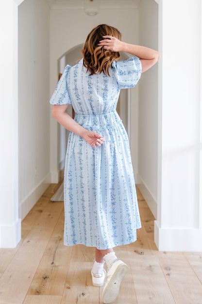 Striped Floral Short Sleeve Button Down Midi Dress