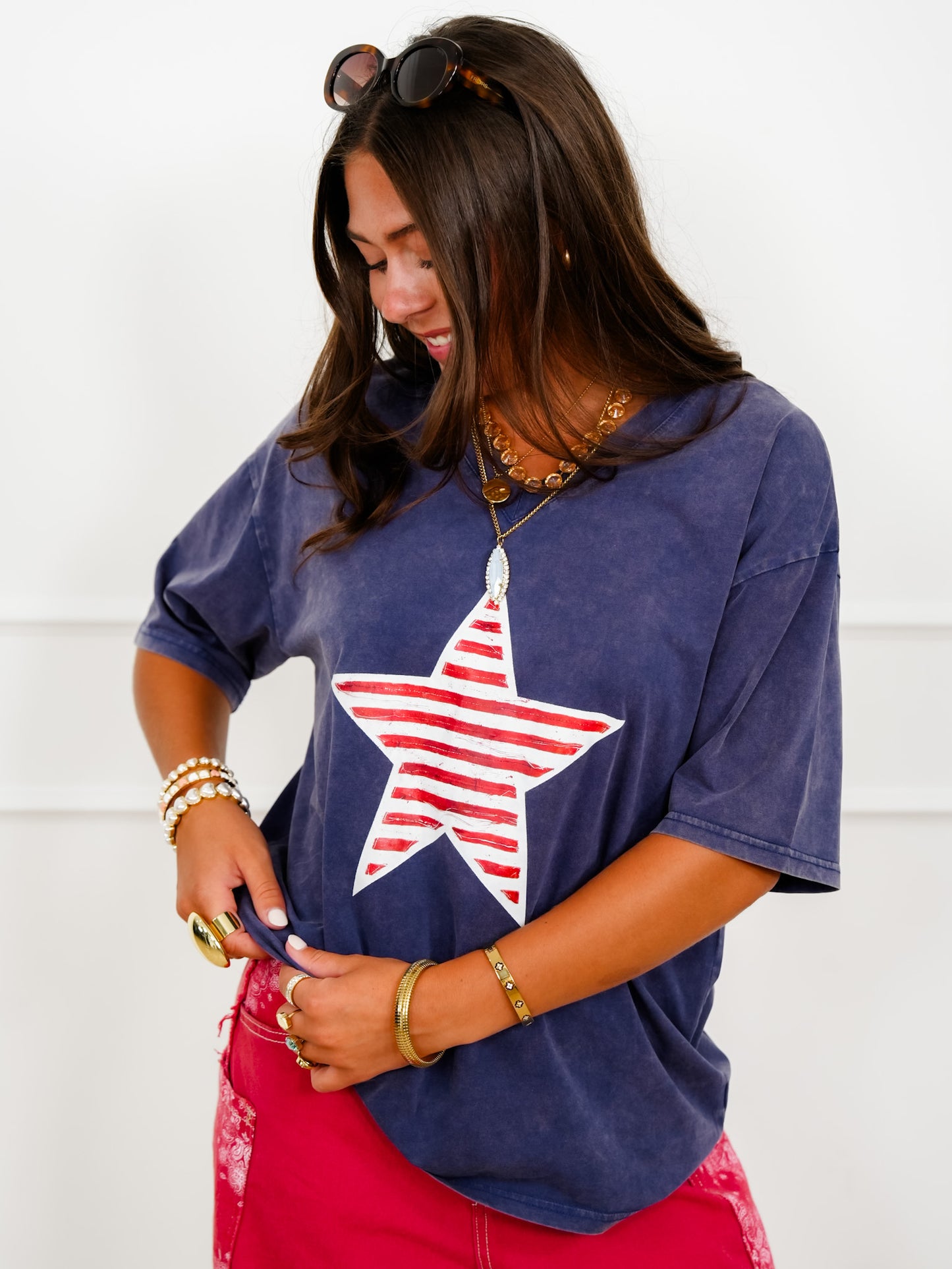 Vintage Wash Short Sleeve V Neck Top with Stripe Star