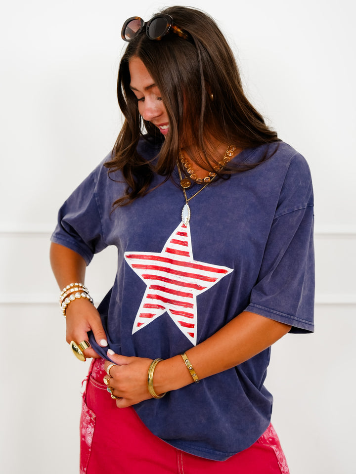 Vintage Wash Short Sleeve V Neck Top with Stripe Star