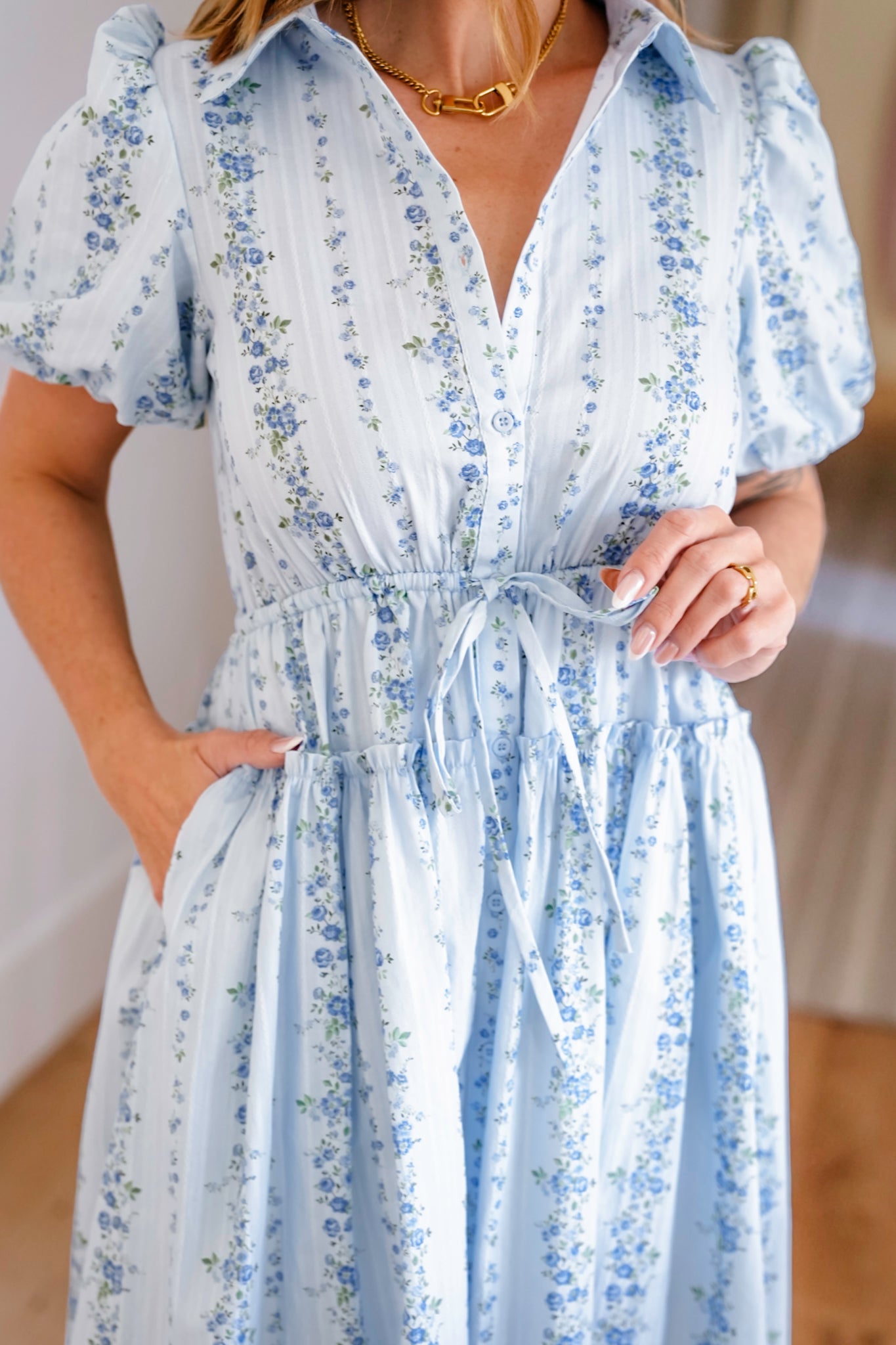 Striped Floral Short Sleeve Button Down Midi Dress S Striped Floral Short Sleeve Button Down Midi Dress S