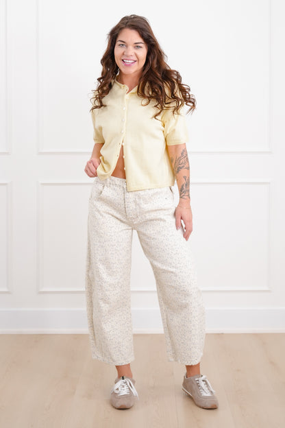 Plus/Reg Blue Floral Print Button Fly Barrel Pants