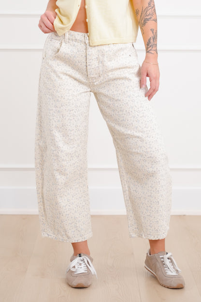 Plus/Reg Blue Floral Print Button Fly Barrel Pants