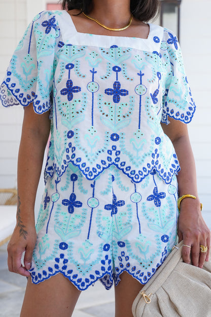 Embroidered Short Sleeve Top with Back Tie Detail