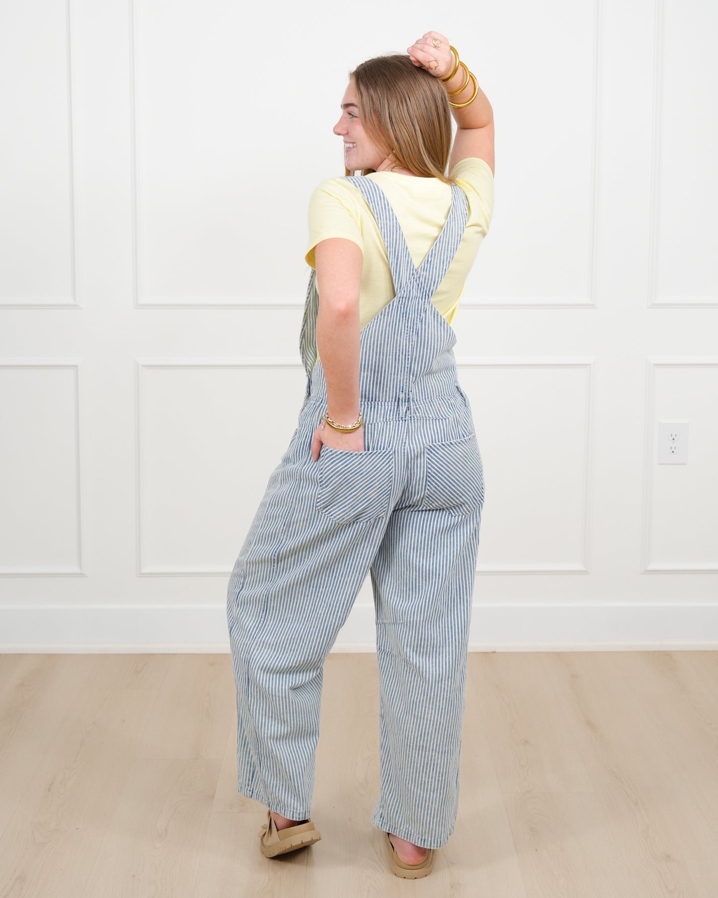 Plus/Reg Stripe Pattern Barrel Leg Overalls